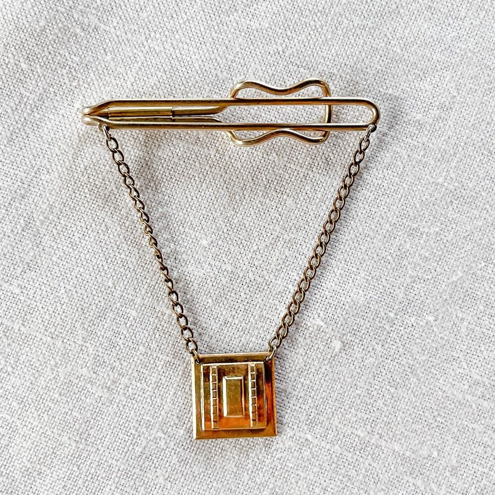 Vintage Hadley Tie Bar Clip Chain Gold Tone Mens Formal Wedding Groom Classic